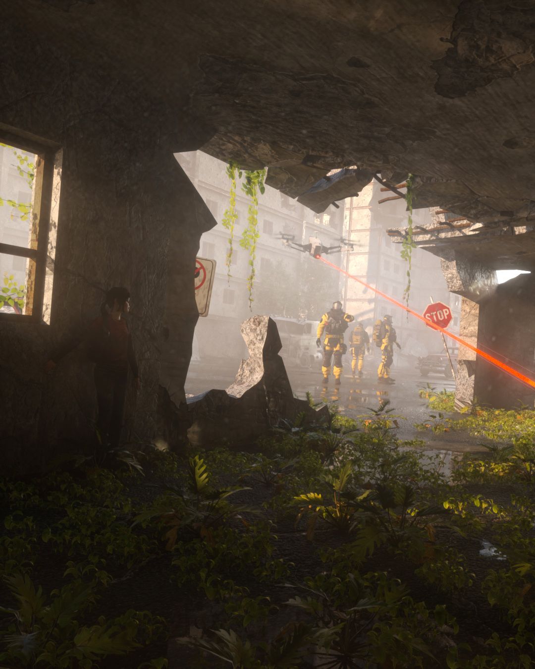 view of inside of broken building with overgrown foliage and robots in the background