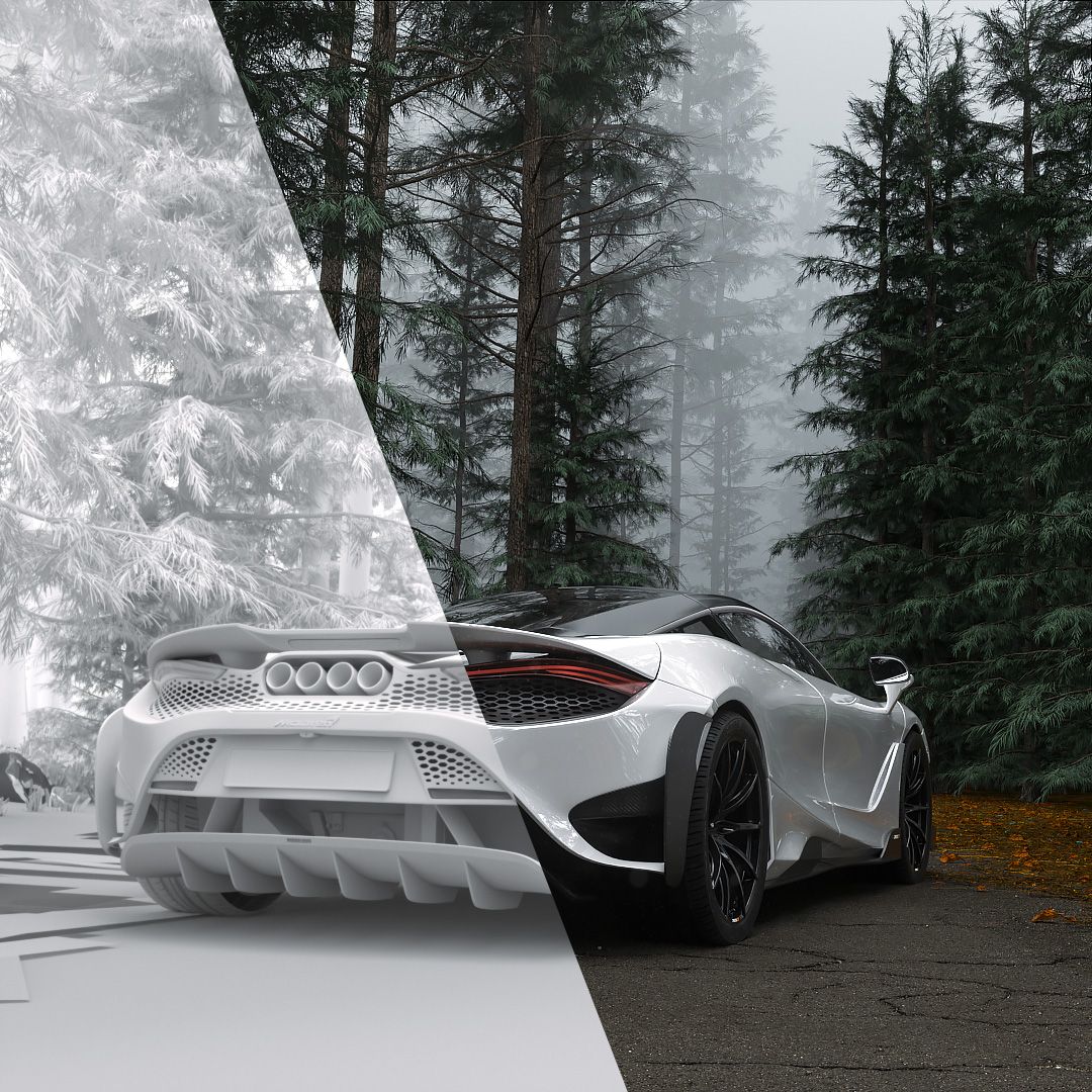 clay render of McLaren 765 LT in forest