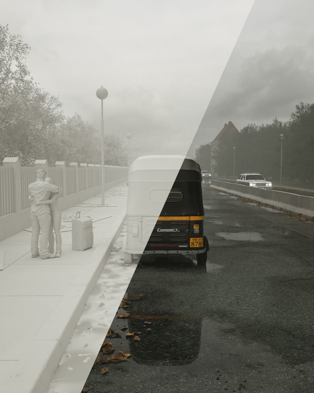 Clay render of Auto Rickshaw on Indian road